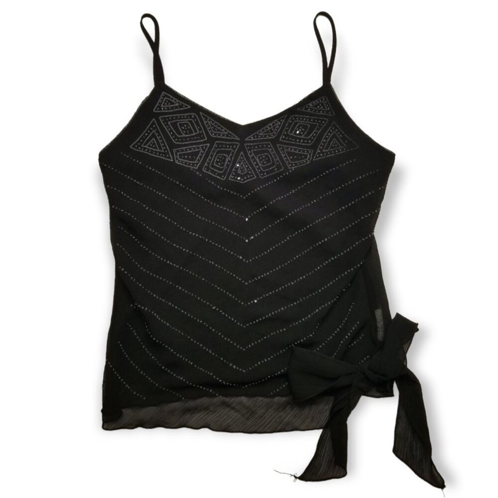 ⭐️VTG 90s L Black Chiffon Top Beaded Sheer Back Whimsigoth Fairy Grunge Tie Side